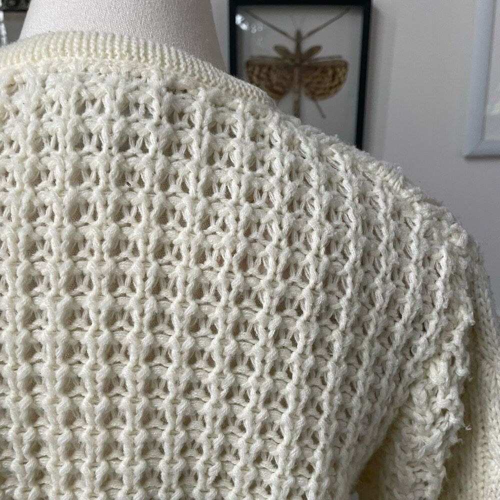 Vintage 80s Exclusive Imports Cropped Cardigan Sweater Fisherman Knit Ivory S M - Picture 5 of 7